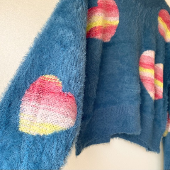 Just In// Fuzzy Heart Rainbow Sweater - Denim Blue - Picture 3 of 12